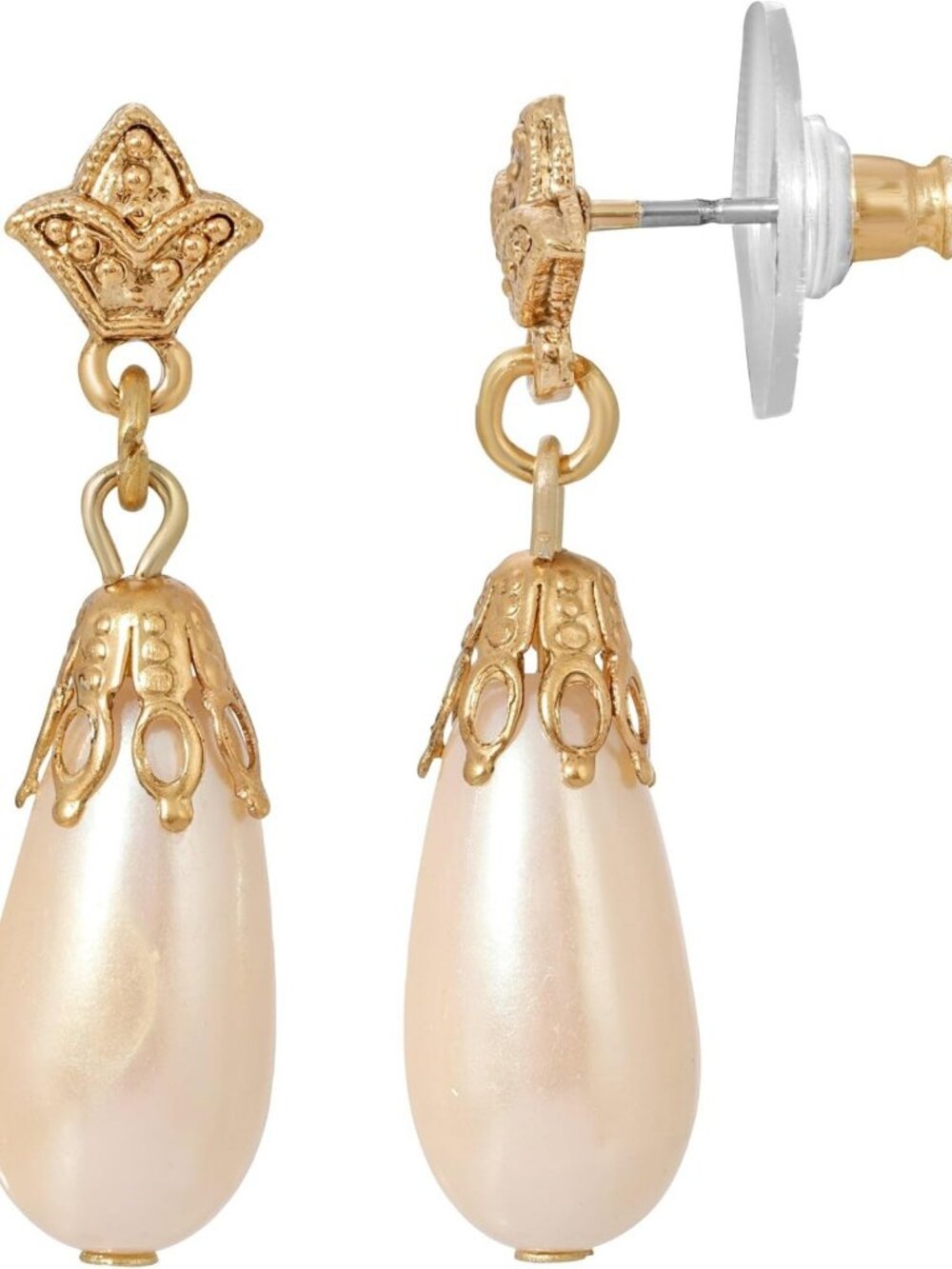 Elegant Faux Pearl Drop Earrings for Women, 14K Gold Dipped Filigree, 1.25